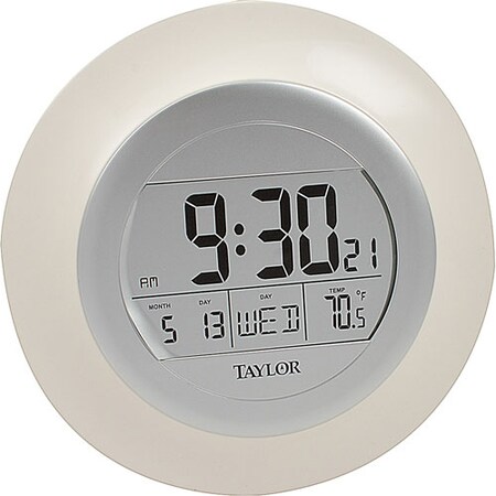 Taylor Clock, Atomic Wall 9-1/4" Od W/ Thermometer And Da 1750